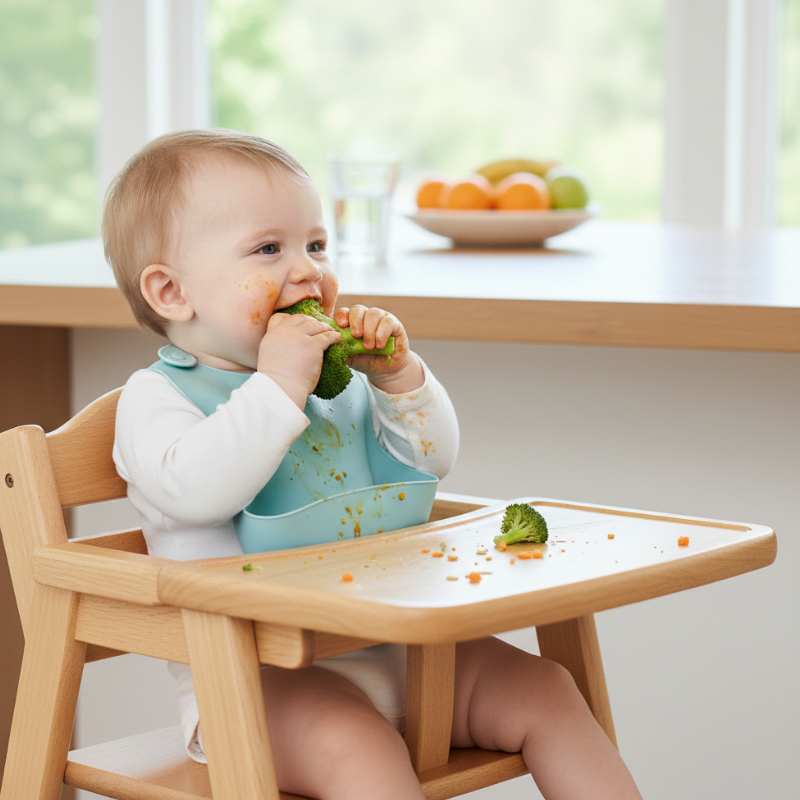 Bébé assis dans une chaise haute en bois qui mange un morceau de brocoli avec les mains
