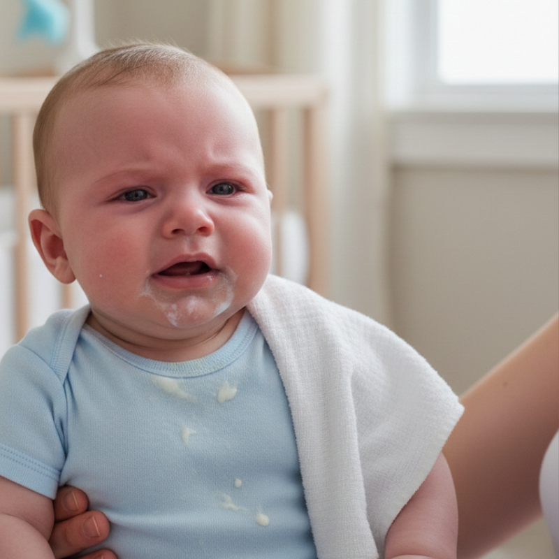 Nourrisson en pleurs avec des régurgitations de lait sur son body