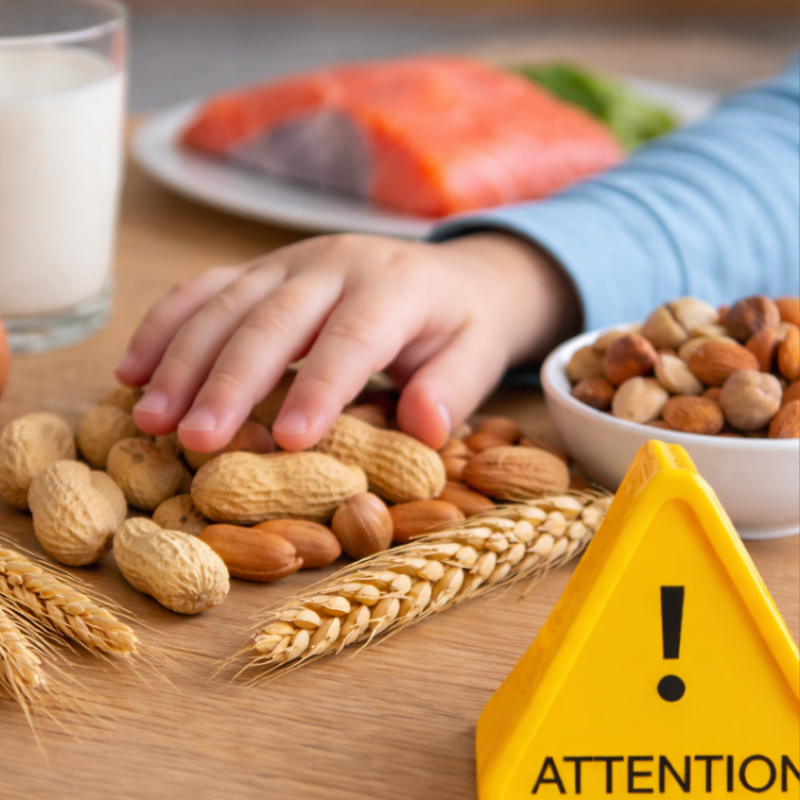 Main d'enfant près d'aliments allergènes : arachides, fruits à coque, blé, poisson et lait