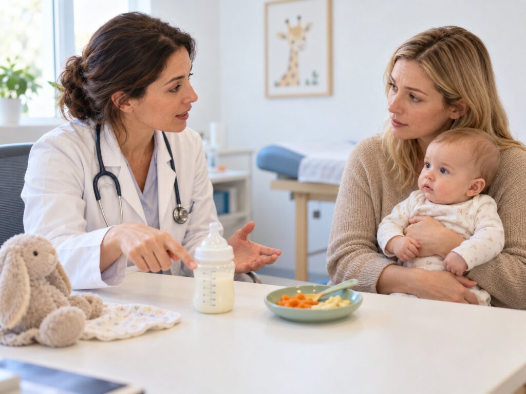 Diététicienne en consultation avec une maman et son bébé, biberon et assiette de légumes sur la table