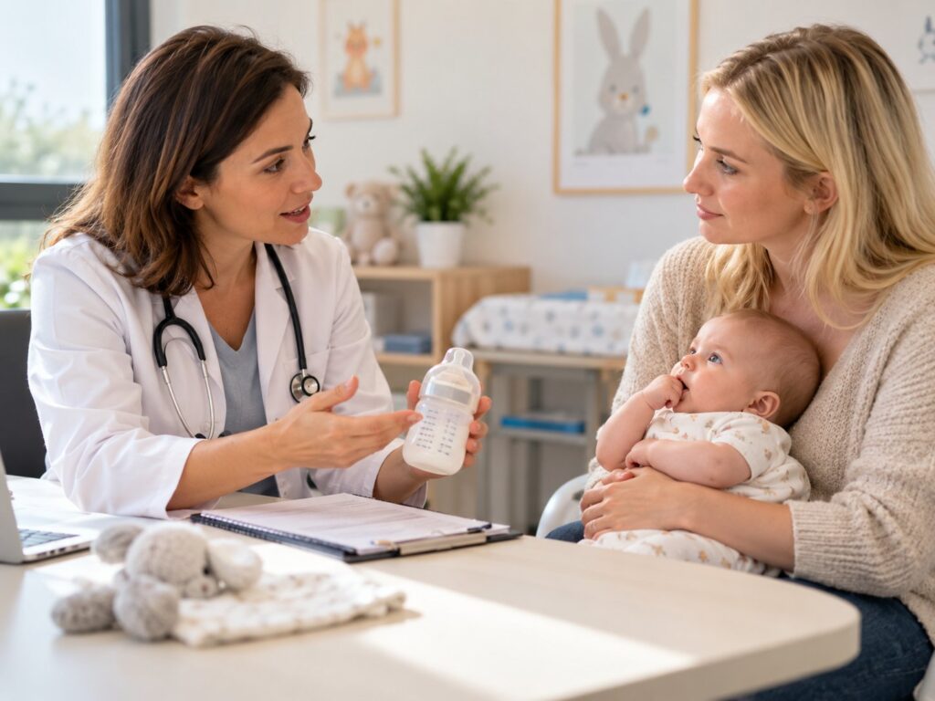 Professionnelle de santé en consultation avec une maman et son nourrisson, biberon en main