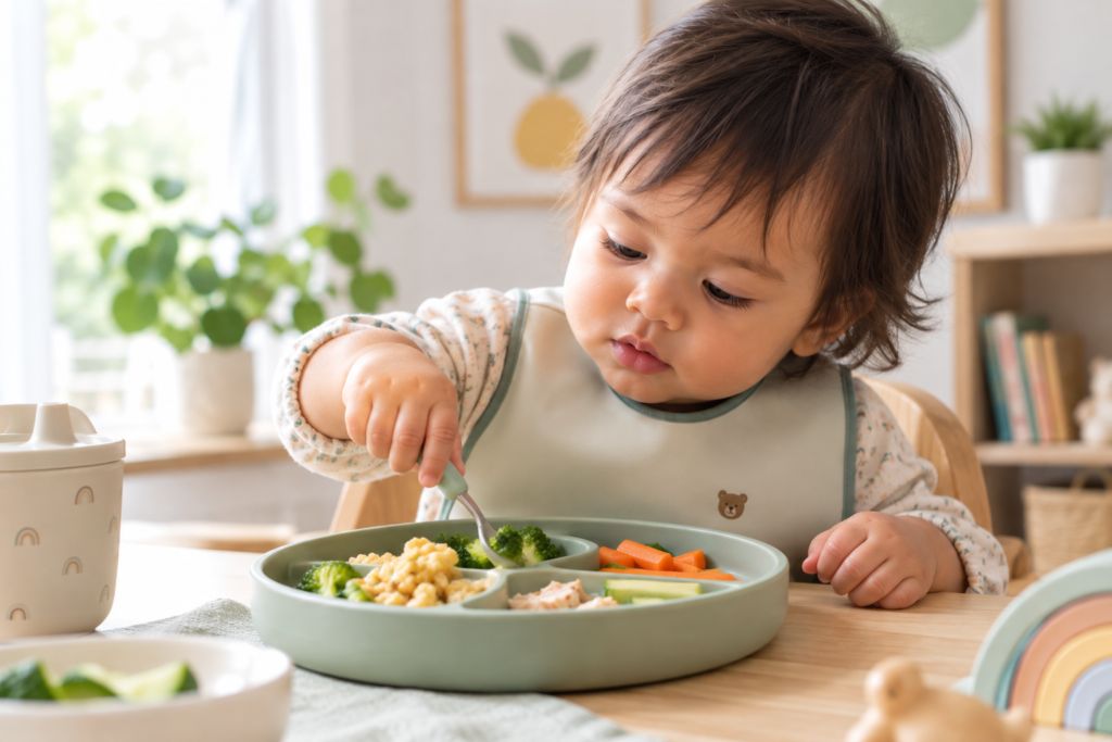 Bébé assis à table qui pique un brocoli avec une fourchette dans une assiette compartimentée