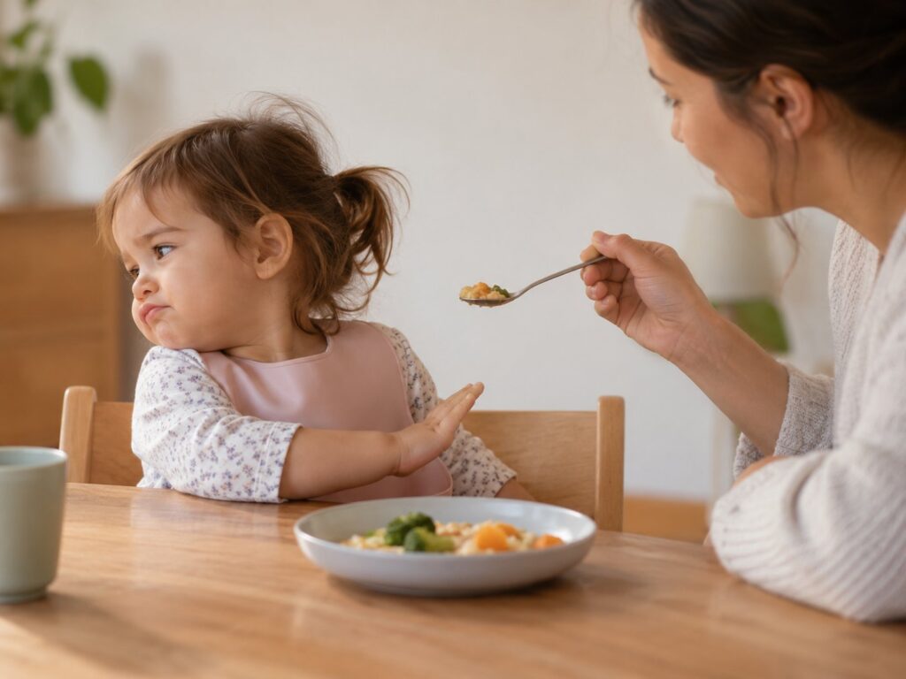 Jeune enfant qui refuse la cuillère pendant le repas