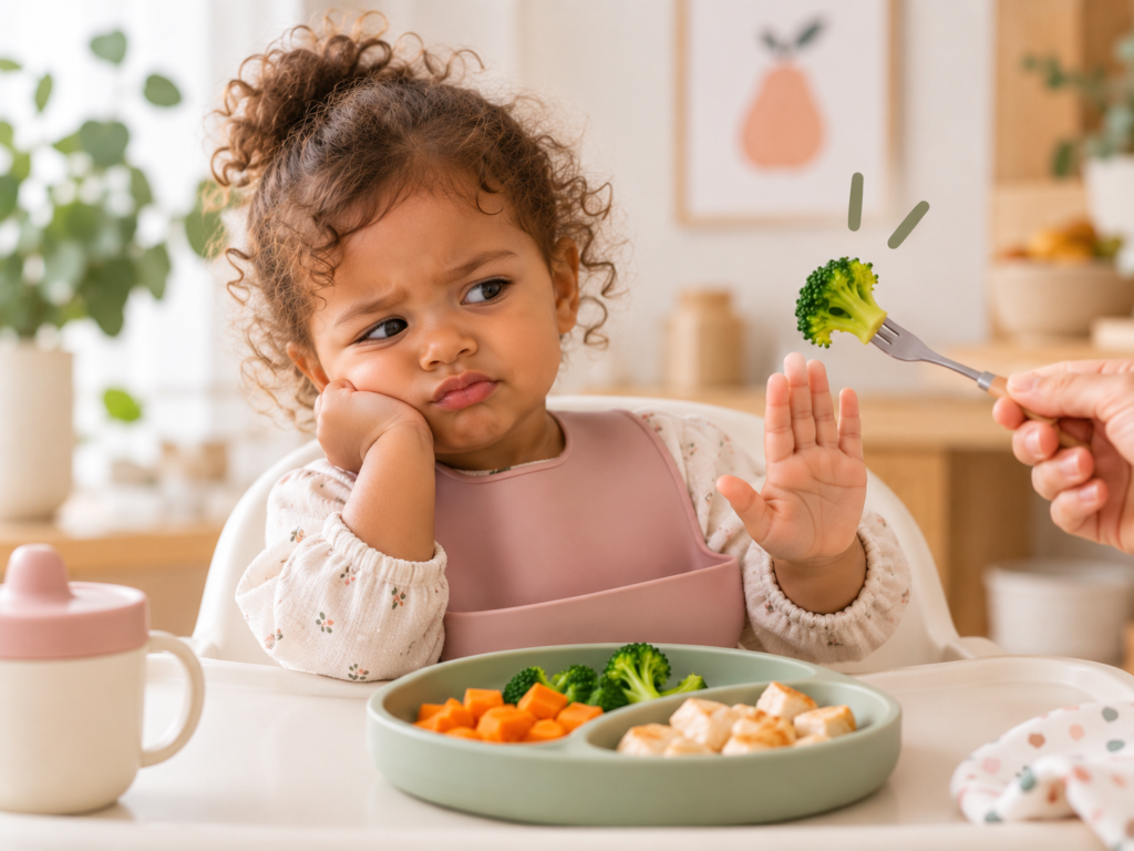 Enfant en chaise haute qui refuse un morceau de brocoli : néophobie alimentaire