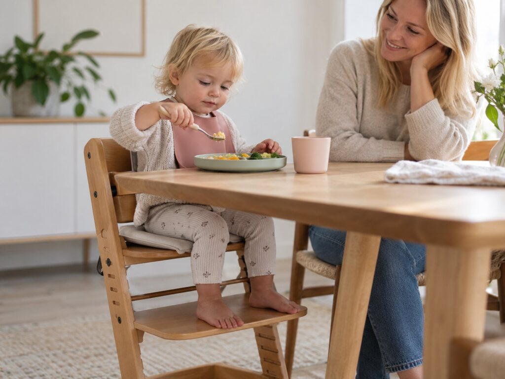 Enfant installé sur une chaise évolutive qui mange seul sa purée, sa maman à côté