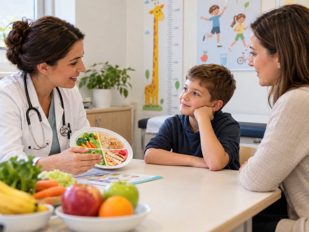 Diététicienne présentant une assiette équilibrée à un enfant et à sa maman